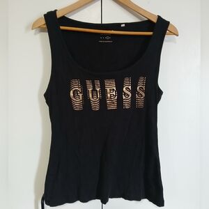 Guess Women's Black Rhinestone Logo Tank Top Size Large Cotton Stretch